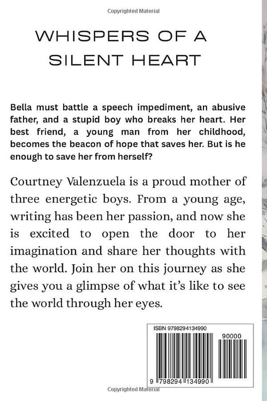 Back cover of the book "Whispers of a Silent Heart" by Courtney Valenzuela, featuring a story summary and author bio on a white background.