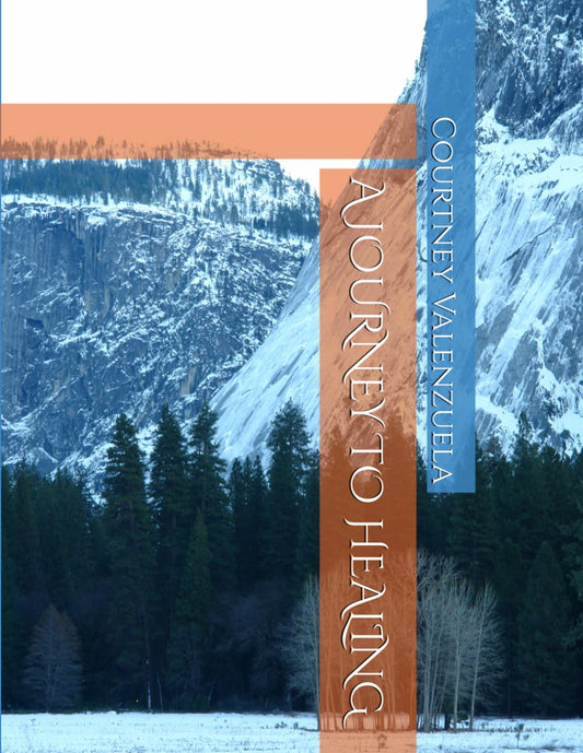 Book cover of "A Journey to Healing" by Courtney Valenzuela, featuring a snowy mountain scene and orange and blue overlays.