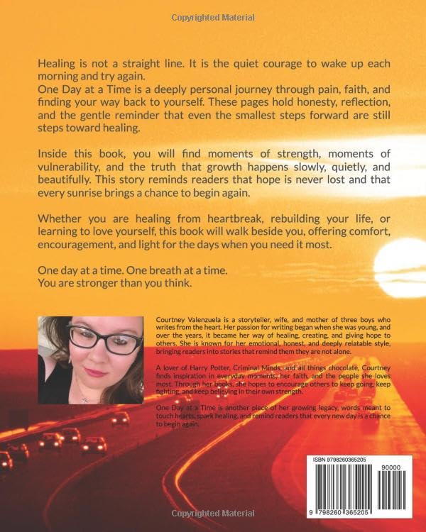 Back cover of "One Day at a Time" by Courtney Valenzuela, featuring a sunset highway scene, author photo, and summary text.